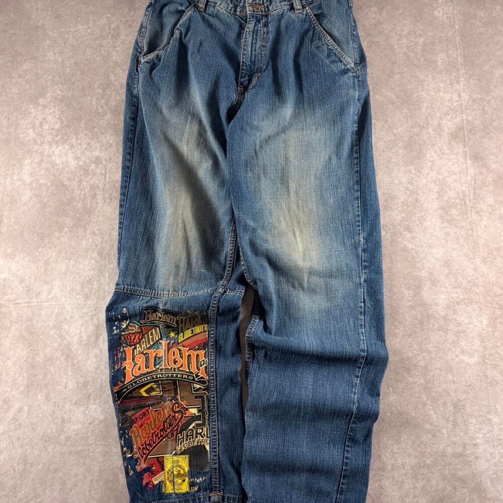 vintage y2k fubu platinum harlem globe trotters relaxed fit jeans